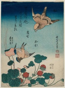 Šrěk a vrabec s begonií a divokou jahodou - Hokusai Kacušika