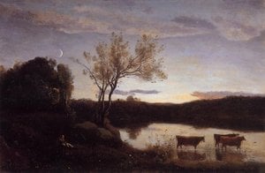 Pond With Three Cows And A Crescent Moon — Žan-batist Kamil Korote, Realism Landscape