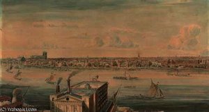 View of waterloo bridge, eastwards from the north bank of the thames, st. paul's beyond
