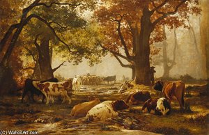 Cattle In A Wooded River — Auguste François Bonheur