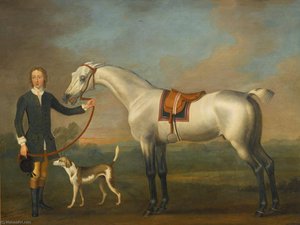 thomas spencer - A gray hunter held by a groom