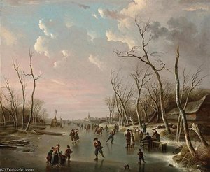 An Extensive Winter Landscape With Skaters On A Frozen River, A View Of A Town Beyond — Andries Vermeulen