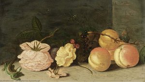 A Still Life With Peaches, Roses, Red And Black Berries — Jan Baptist Van Fornenburgh