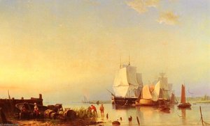 Three Mast Ships At Anchor — Hermanus Koekkoek (the Elder)