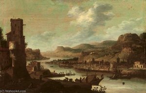 dirck verhaert - A Mountainous River Landscape With Figures On Moored Ships Near A Ruined Tower, A Fortified Town On The Opposite River Bank