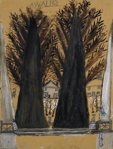 Landscape With Two Large Trees And Houses — Alfred Wallis
