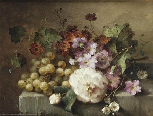 Margaretha Roosenboom - A Camellia, Carnations, Grapes And Other Flowers On A Marble Ledge