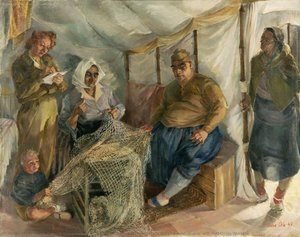 Leslie Cole - A Greek Refugee Family from Samos at Moses Wells Encampment, Arabia, with Red Cross Workers