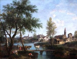 Landscape With Cows Crossing A Bridge Near A Town — Giovanni Battista Cimaroli