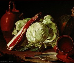 Cristoforo Munari - Earthenware, pumpkin, cabbage, pork shoulder and plate with knife dishes, pottery clay and pewter, steak and roosters