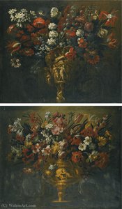 gabriel de la corte - A pair of flower still lifes in sculpted vases, flanked by sculpted scrollwork