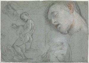 Federico Barocci - Nude Male Figure Playing Hurdy-gurdy, Studies of His Bust, Head and Hands (for “Madonna del Popolo”, Firenze, Galleria degli Uffizi)