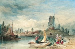 Figures By A River Near A Dutch Town