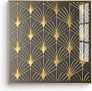 None - Art Deco Geometric Wall Panel – Gold & Charcoal Metal Art